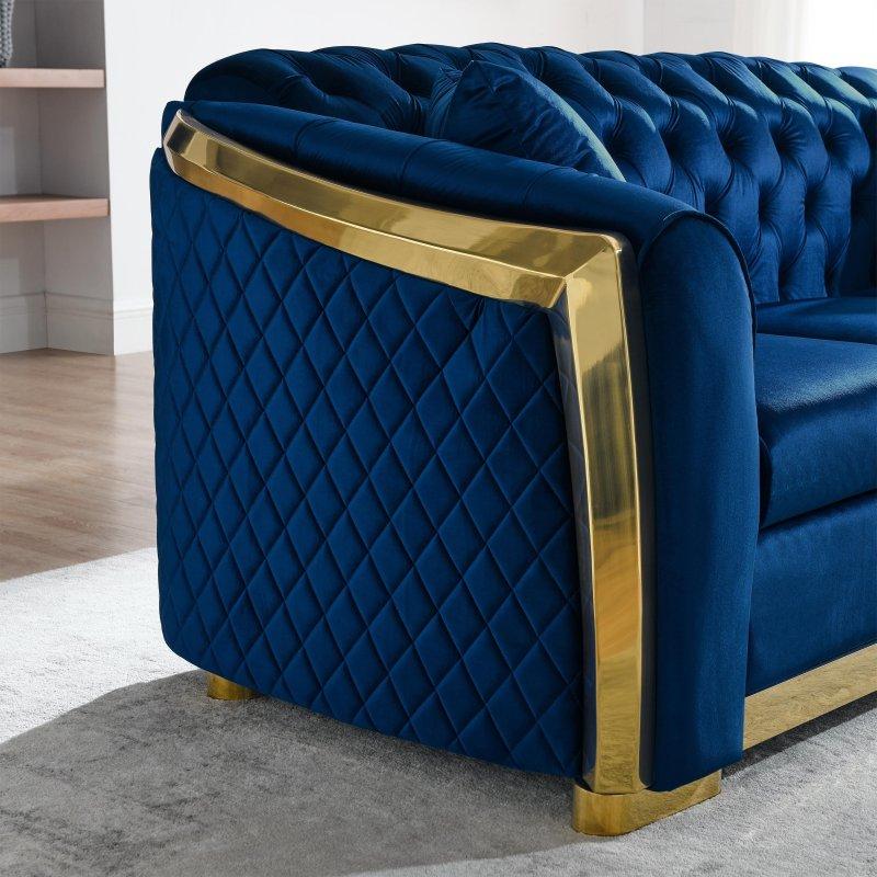 Mavi Kadife Gold Paslanmaz Çelik Ayaklı 3 Kişilik Chesterfield Bohem Koltuk - 206 cm - 289972 Mavi Kadife Gold Paslanmaz Çelik Ayaklı 3 Kişilik Chesterfield Bohem Koltuk - 206 cm - 289972