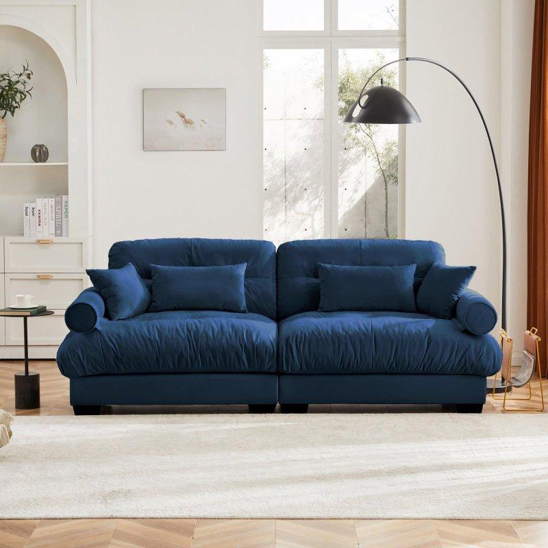 Mavi Kadife Kapitoneli Sırtlı Yuvarlak Kollu 2 Kişilik Bohem Koltuk - 238x94 cm - 280910
