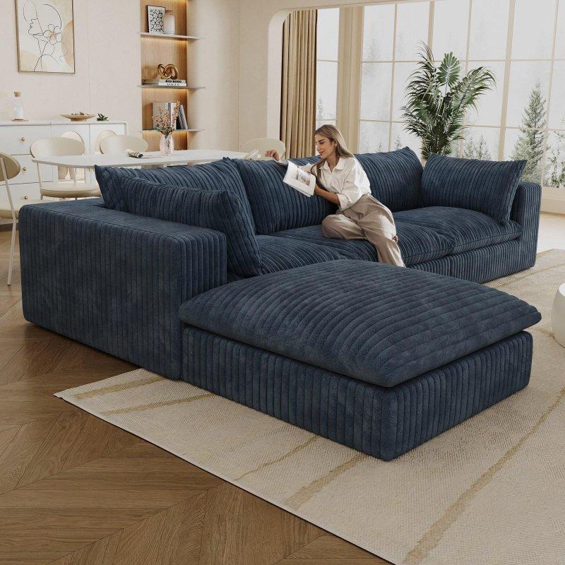 Mavi Kadife Kumaş Modüler Puflu Derin Oturumlu Bohem Koltuk - 301 cm - 283226