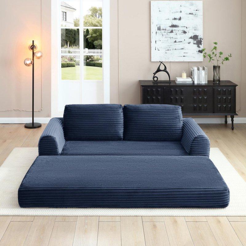 Mavi Kadife Yataklı Katlanabilir Bohem Koltuk - 209x95 cm - 288987