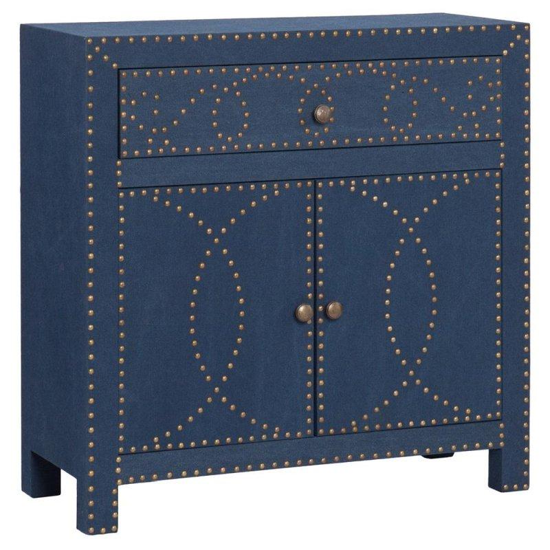 Mavi Keten Kumaş Kaplı Pirinç Zımba Detaylı Çekmeceli Bohem Konsol - 72x34x72 cm - 325173
