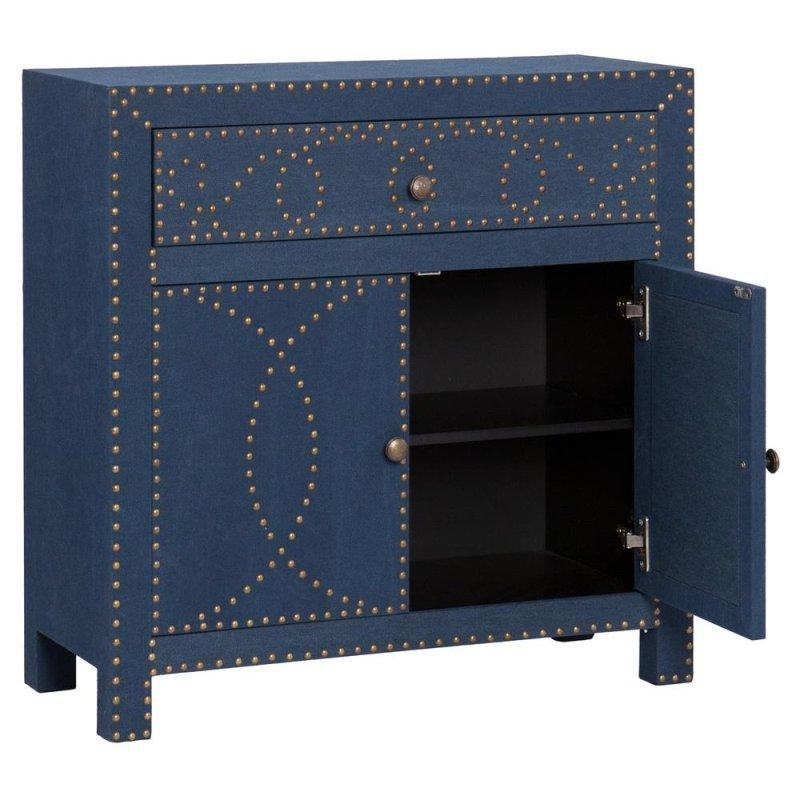 Mavi Keten Kumaş Kaplı Pirinç Zımba Detaylı Çekmeceli Bohem Konsol - 72x34x72 cm - 325173
