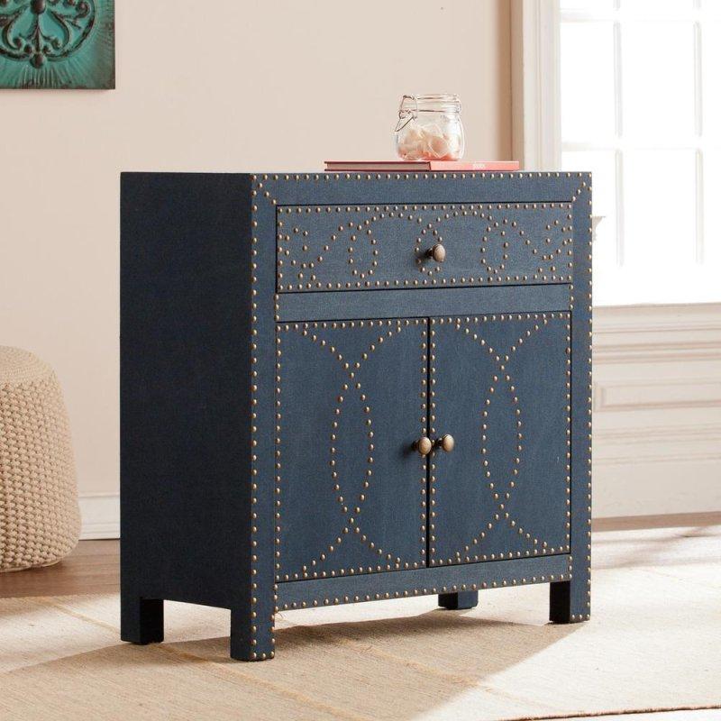 Mavi Keten Kumaş Kaplı Pirinç Zımba Detaylı Çekmeceli Bohem Konsol - 72x34x72 cm - 325173 Mavi Keten Kumaş Kaplı Pirinç Zımba Detaylı Çekmeceli Bohem Konsol - 72x34x72 cm - 325173