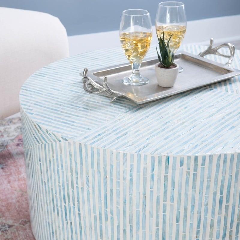Mavi Krem Gold Sedef Mozaik El Yapımı MDF Yuvarlak Orta Sehpa - 76x45 cm - 243550