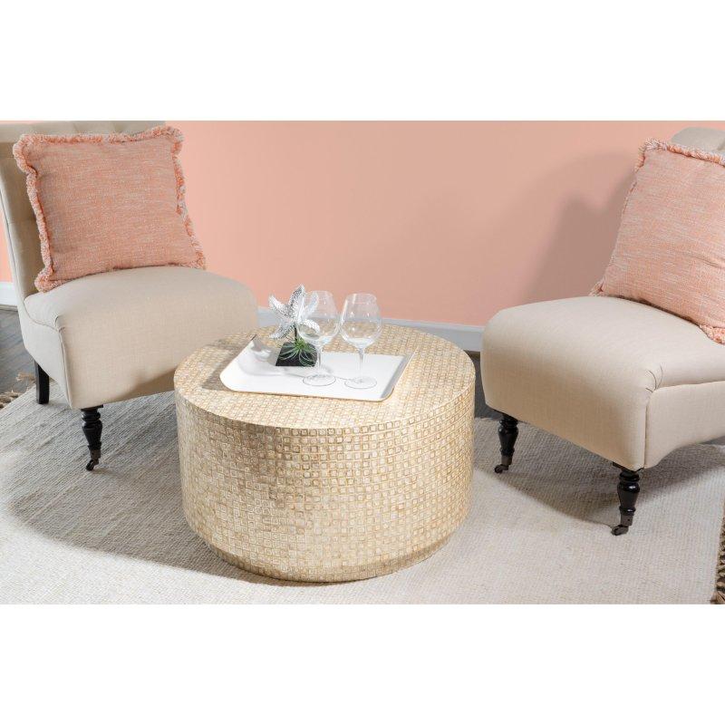 Mavi Krem Gold Sedef Mozaik El Yapımı MDF Yuvarlak Orta Sehpa - 76x45 cm - 243550