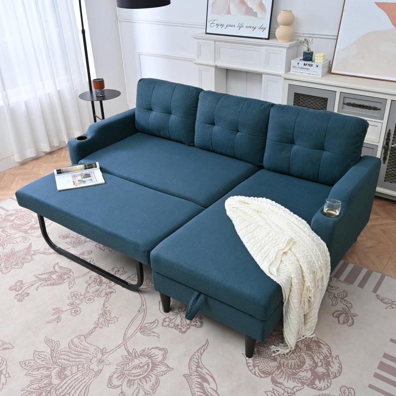 Mavi MDF Kumaş Depolama Alanlı Yastık Sırtlı 3 Kişilik Bohem Koltuk - 191x125 cm - 291550
