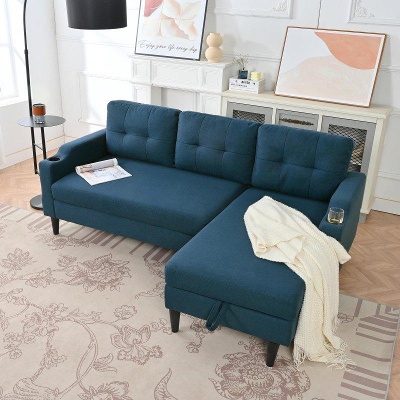 Mavi MDF Kumaş Depolama Alanlı Yastık Sırtlı 3 Kişilik Bohem Koltuk - 191x125 cm - 291550