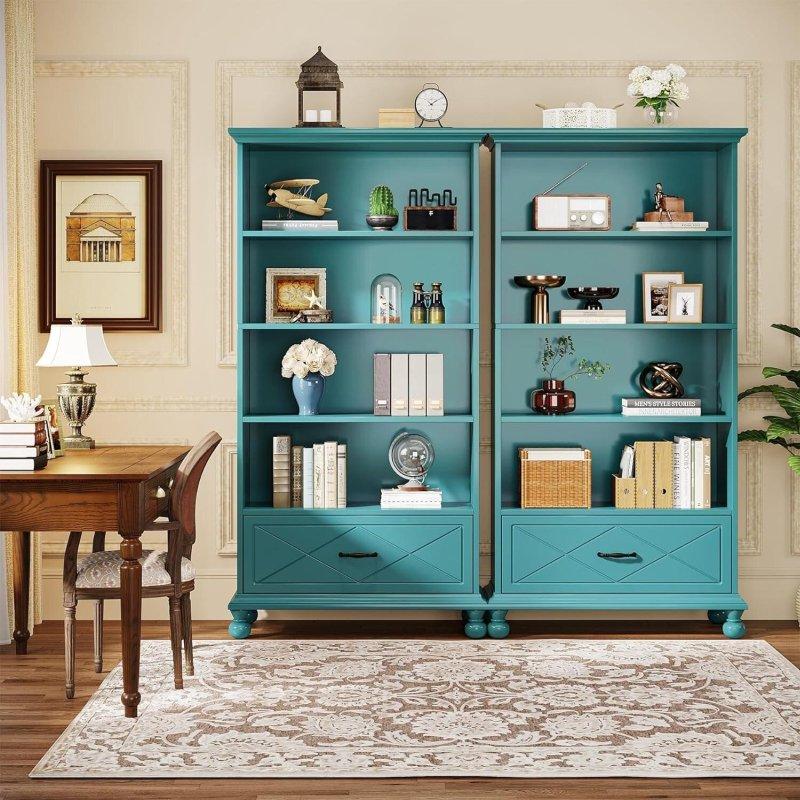 Mavi MDF Masif Ahşap Ayaklı Çekmeceli 5 Raflı Kitaplık - 181 cm - 318796