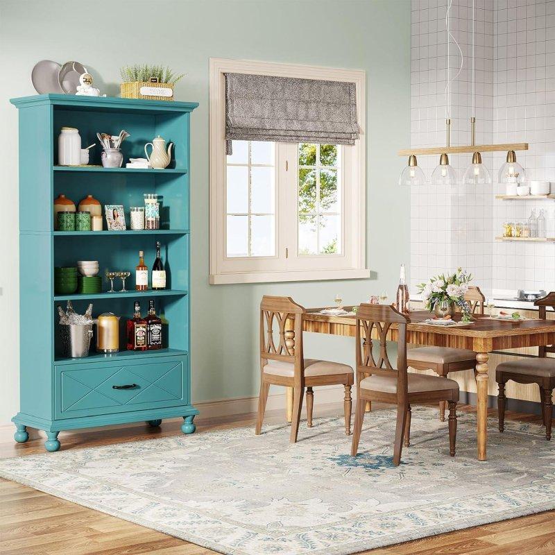 Mavi MDF Masif Ahşap Ayaklı Çekmeceli 5 Raflı Kitaplık - 181 cm - 318796