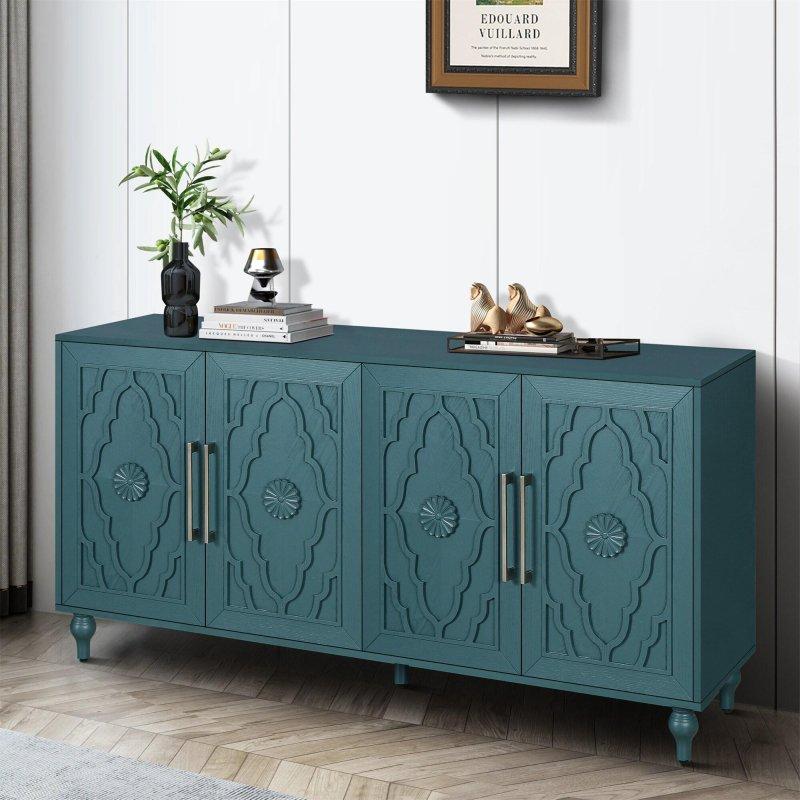 Mavi MDF Metal Kulplu Çiçek Oymalı Kapaklı Bohem Konsol - 160 cm - 325576