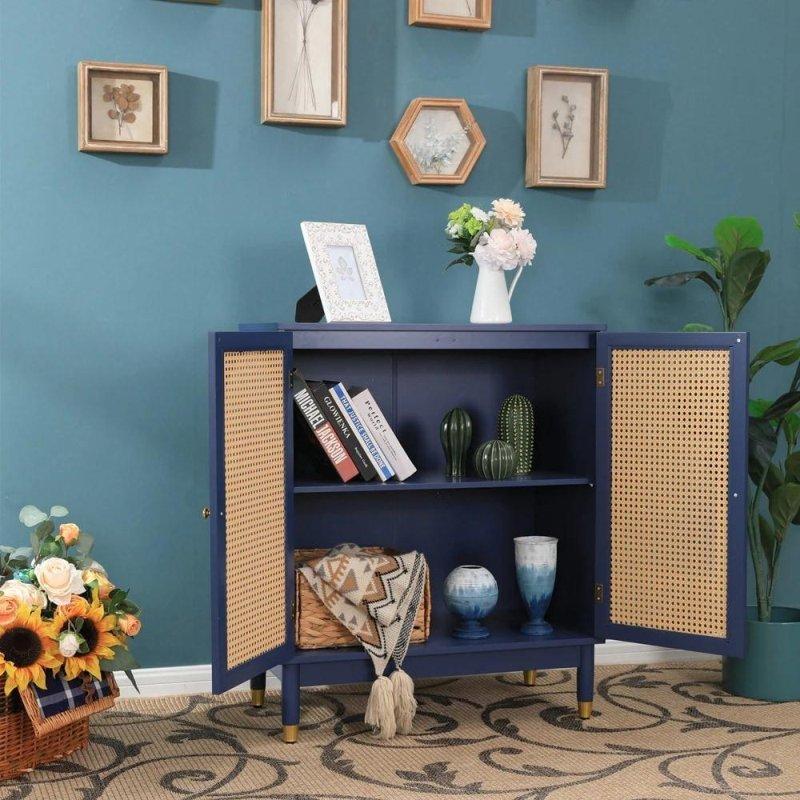 Mavi MDF Rattan Kapaklı El Yapımı Bohem Konsol - 77x91x40 cm - 325518