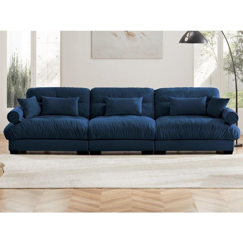 Mavi MDF Yuvarlak Kollu Kapitoneli Sırtlı 3 Kişilik Bohem Koltuk - 331x94x89 cm - 293423