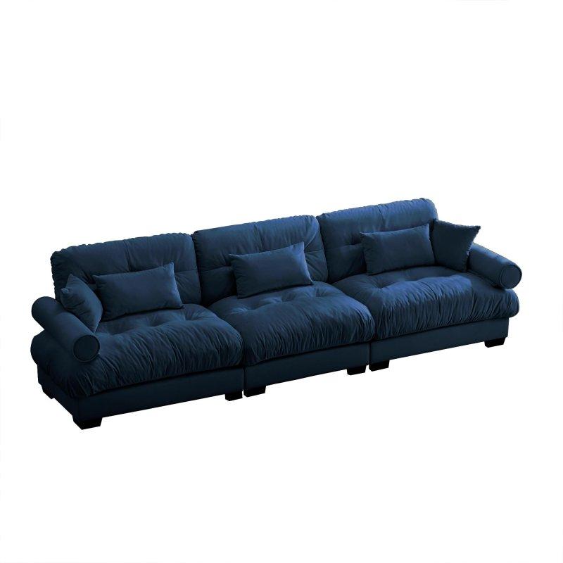 Mavi MDF Yuvarlak Kollu Kapitoneli Sırtlı 3 Kişilik Bohem Koltuk - 331x94x89 cm - 293423