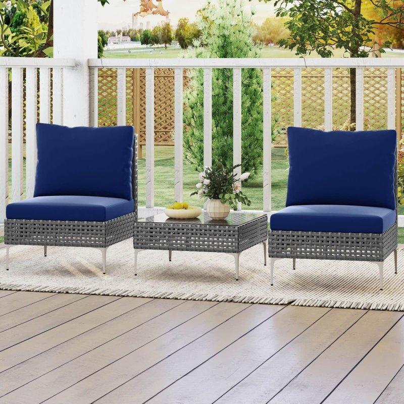 Mavi Minderli Gri Rattan Cam Tablalı 3 Parça Bahçe Takımı - 273986