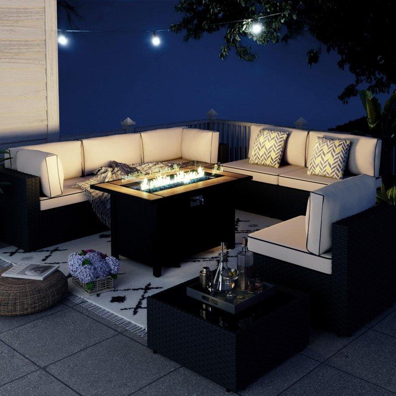 Mavi Minderli Rattan Ateş Çukurlu Modüler Bahçe Takımı - 268370