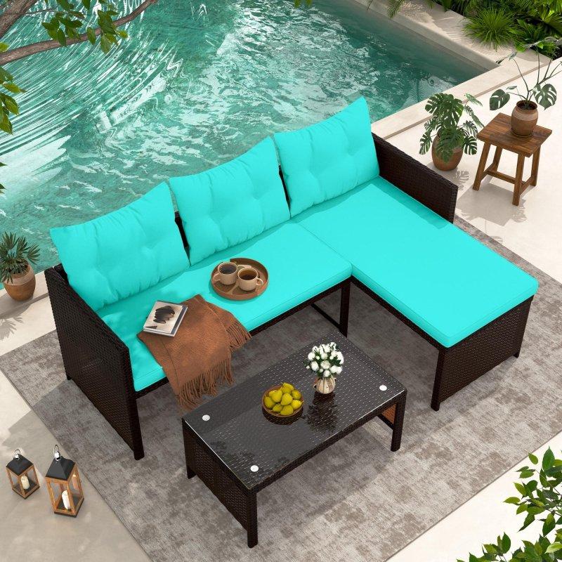 Mavi PE Rattan 3 Parça Cam Tablalı Bahçe Takımı - 275998