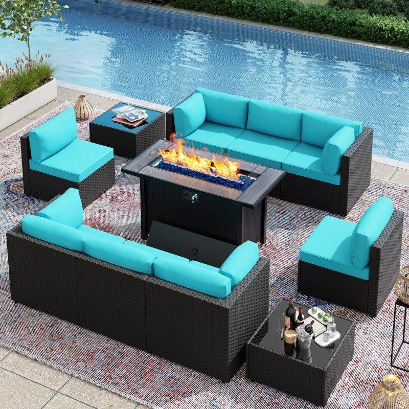 Mavi Rattan Ateş Çukurlu Modüler 11 Parça Bahçe Takımı - 275711
