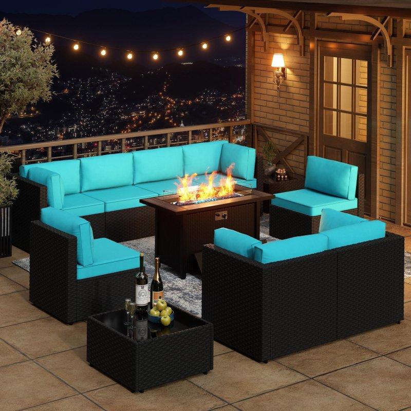 Mavi Rattan Ateş Çukurlu Modüler 11 Parça Bahçe Takımı - 275711