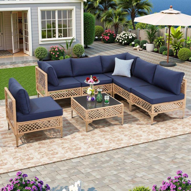 Mavi Rattan Minderli Modüler 7 Parça Bahçe Takımı - 275594