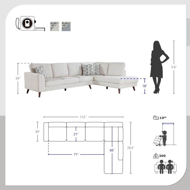 Mavi Şönil Kumaş Ahşap Ayaklı Sağ Uzanmalı Köşe Koltuk - 285x200 cm - 257513