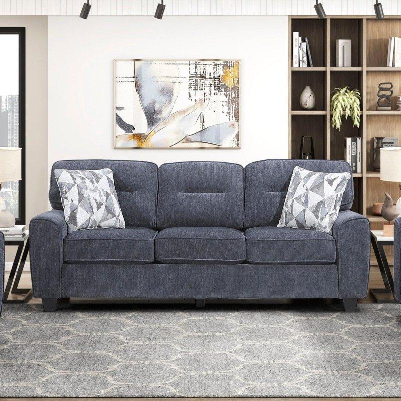 Mavi Şönil Kumaş Ahşap İskeletli 3 Kişilik Modern Bohem Koltuk - 293576