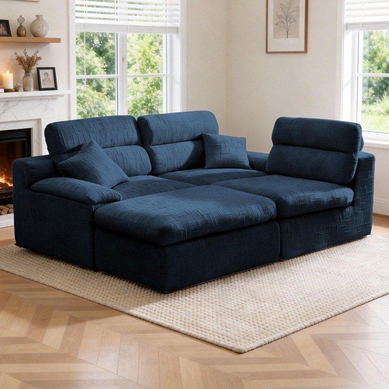 Mavi Şönil Kumaş Yataklı Yüksek Sırtlı Köşe Bohem Koltuk - 281x103x90 cm - 292418