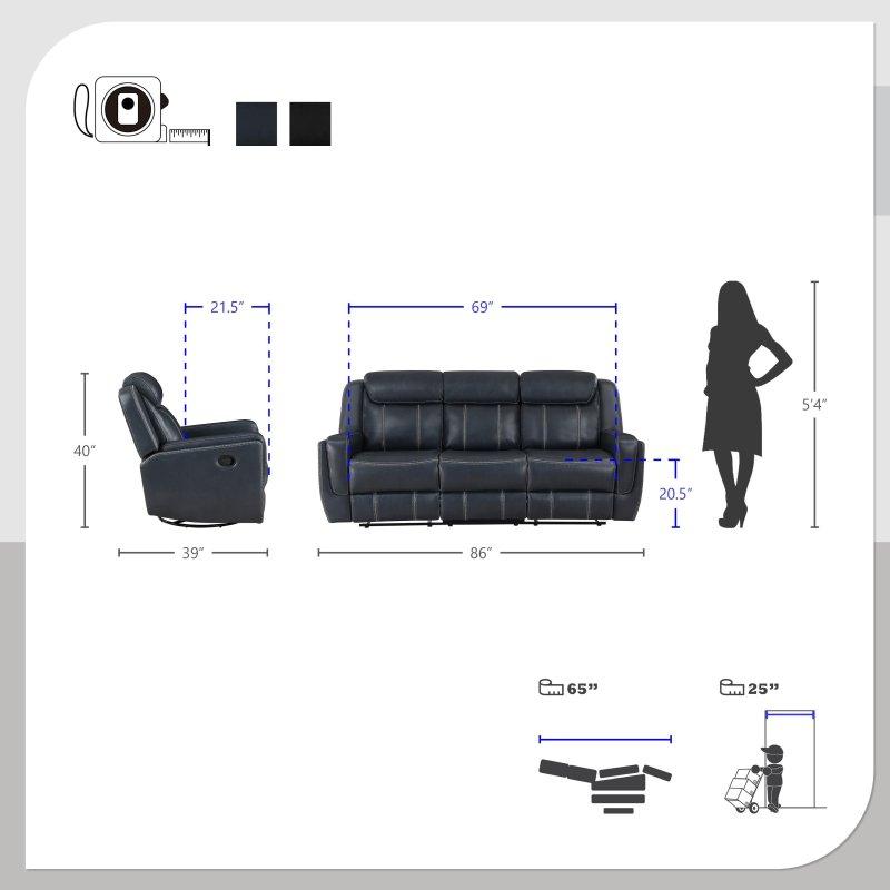 Mavi Suni Deri Manuel Mekanizmalı ve USB Portlu Bohem Koltuk - 219x100x102 cm - 284743