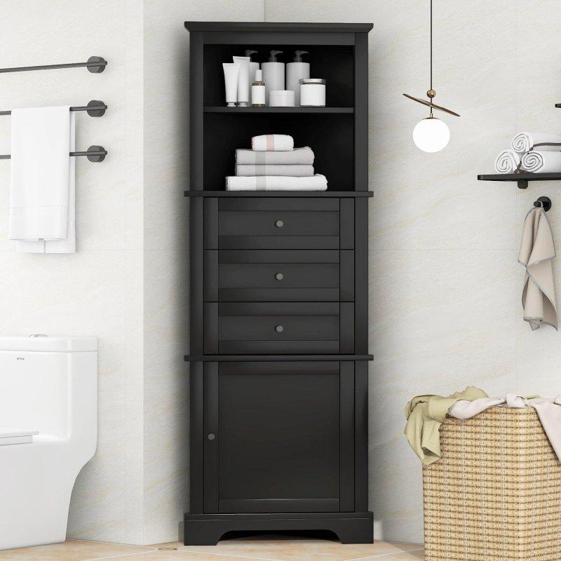 MDF 3 Çekmeceli Ayarlanabilir Raflı Köşe Tasarımlı Çok Amaçlı Banyo Dolabı - 176 cm - 334256