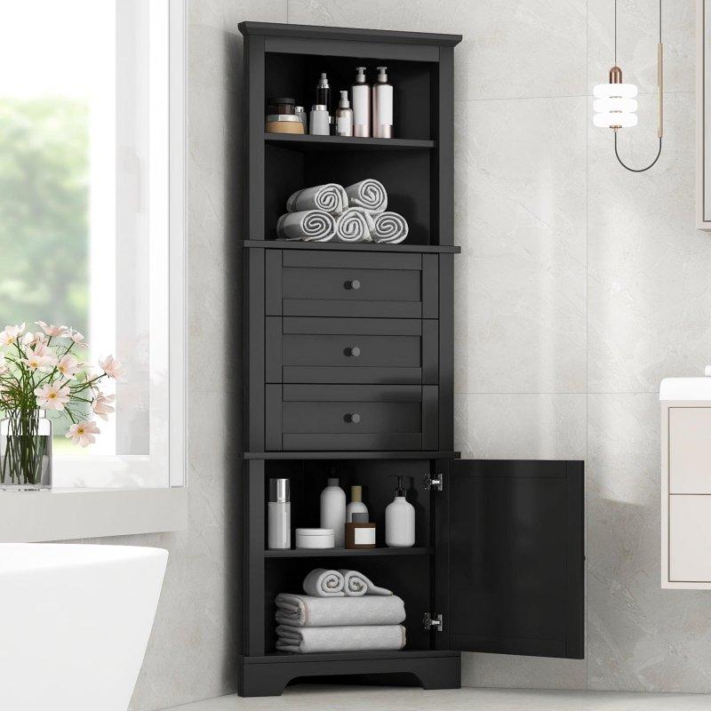MDF 3 Çekmeceli Ayarlanabilir Raflı Köşe Tasarımlı Çok Amaçlı Banyo Dolabı - 176 cm - 334256