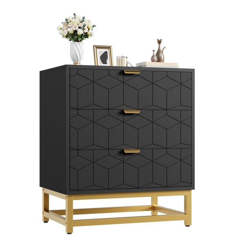 MDF 3 Çekmeceli Gold Kulplu Metal Ayaklı Oymalı Şifonyer - 41x60x71 cm - 295923