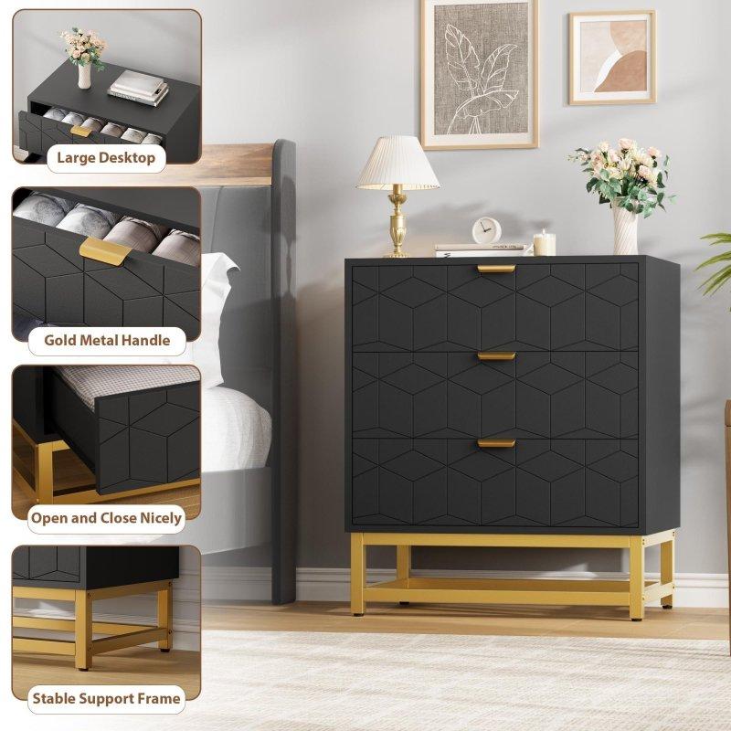MDF 3 Çekmeceli Gold Kulplu Metal Ayaklı Oymalı Şifonyer - 41x60x71 cm - 295923