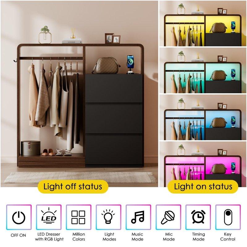 MDF Askılıklı 3 Çekmeceli LED Aydınlatmalı ve Şarj İstasyonlu Şifonyer - 111x111x39 cm - 295623