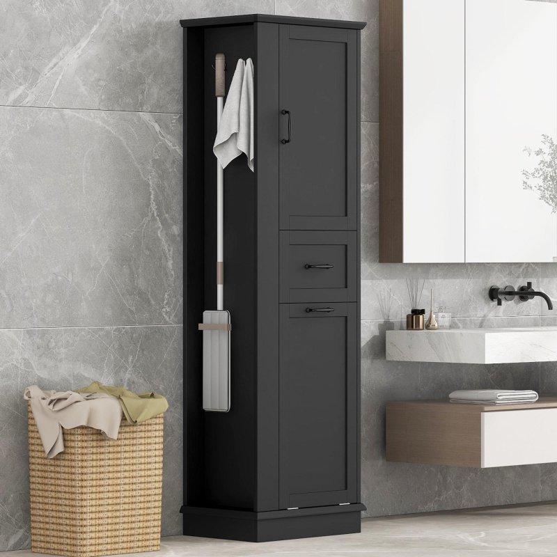 MDF Ayarlanabilir Raflı ve Devrilir Kapaklı Çok Amaçlı Banyo Dolabı - 52x36x173 cm - 333803