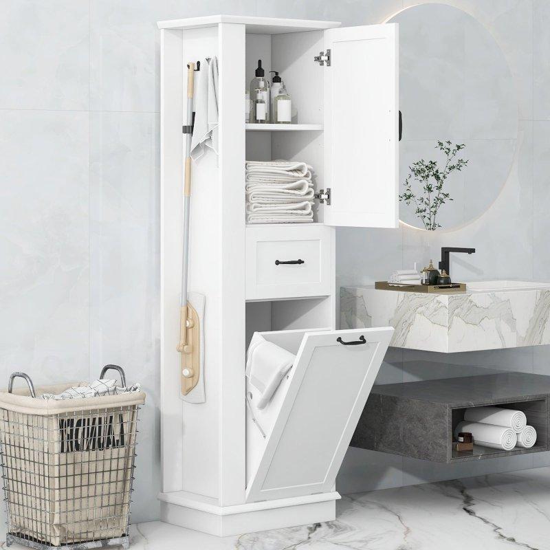 MDF Ayarlanabilir Raflı ve Devrilir Kapaklı Çok Amaçlı Banyo Dolabı - 52x36x173 cm - 333803