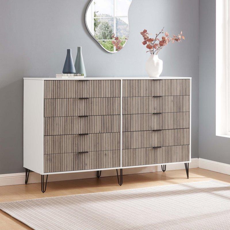 MDF Dikey Yivli 10 Çekmeceli Gold Metal Ayaklı Şifonyer - 177 cm - 302167