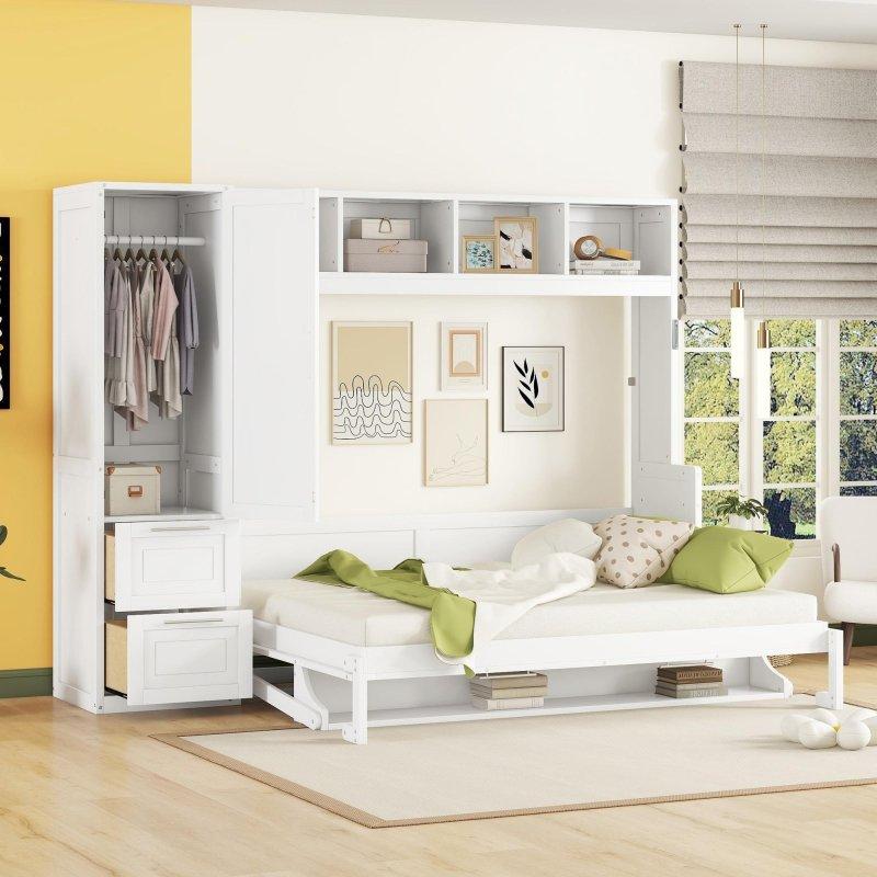 MDF Dolaplı Çekmeceli ve Raflı Duvar Yatağı - 286 cm - 262826