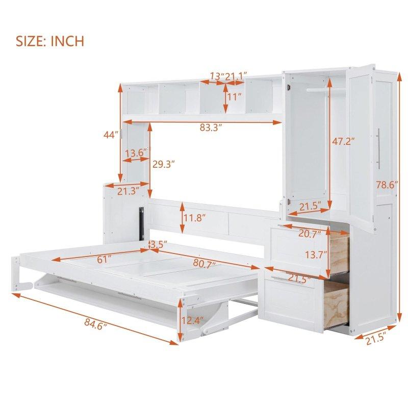 MDF Dolaplı Çekmeceli ve Raflı Queen Size Duvar Yatağı - 261785