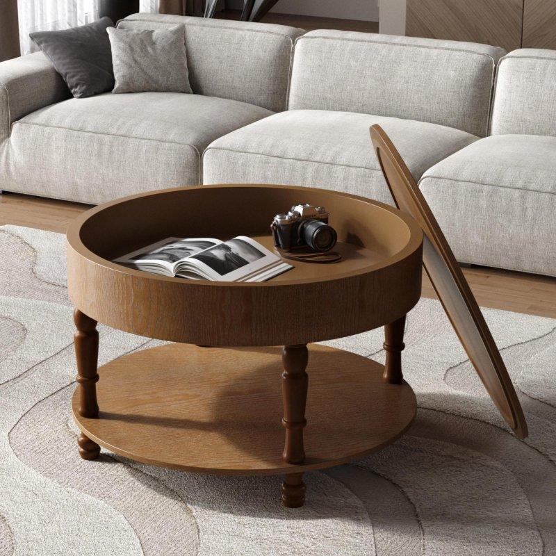 MDF Gizli Depolamalı Ayarlanabilir Ayaklı Yuvarlak Orta Sehpa - 81 cm - 240198