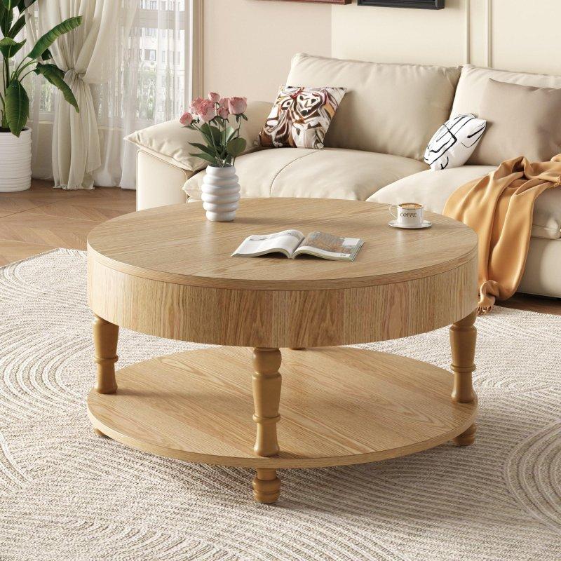 MDF Gizli Depolamalı ve Açık Raflı Yuvarlak Orta Sehpa - 81 cm - 241094