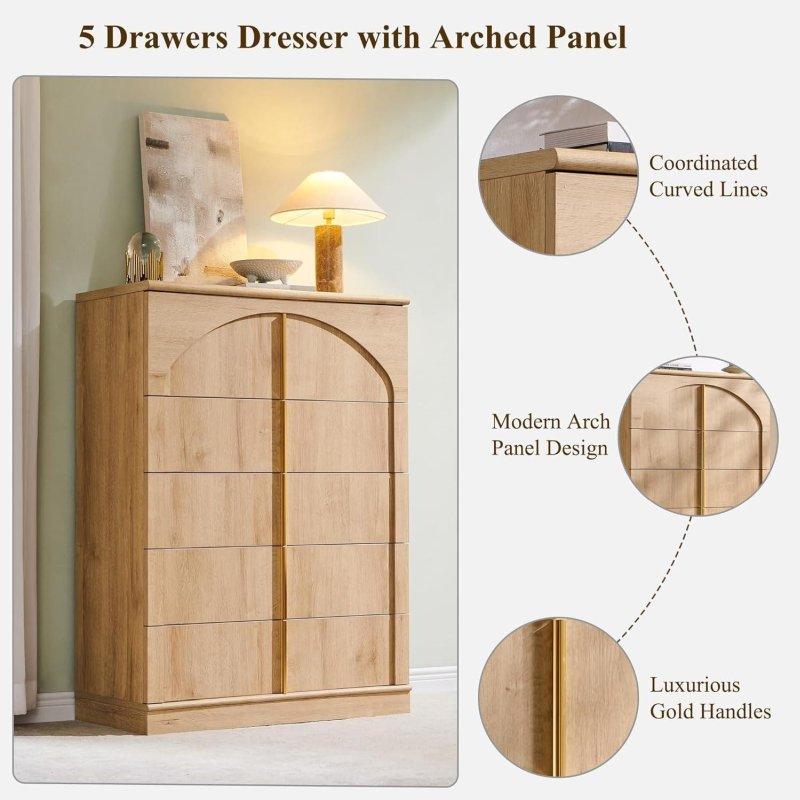 MDF Kemerli Panelli Gold Kulplu 5 Çekmeceli Şifonyer - 81x39x113 cm - 305333
