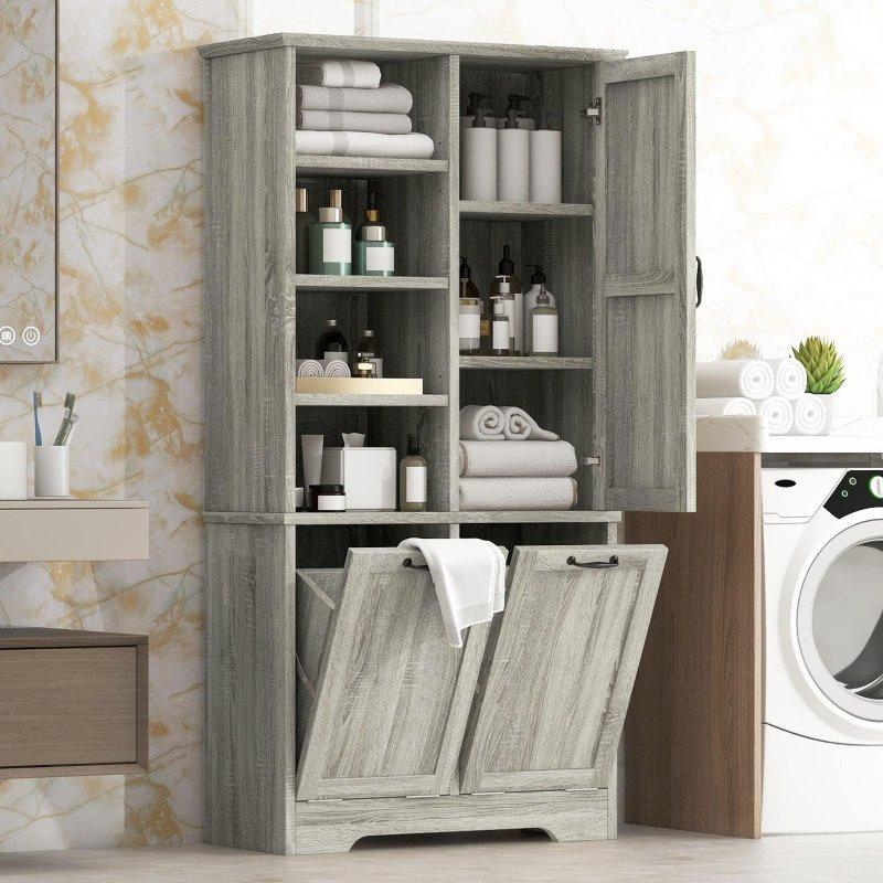 MDF Kirli Sepetli Ayarlanabilir Raflı Çok Amaçlı Banyo Dolabı - 173 cm - 333880