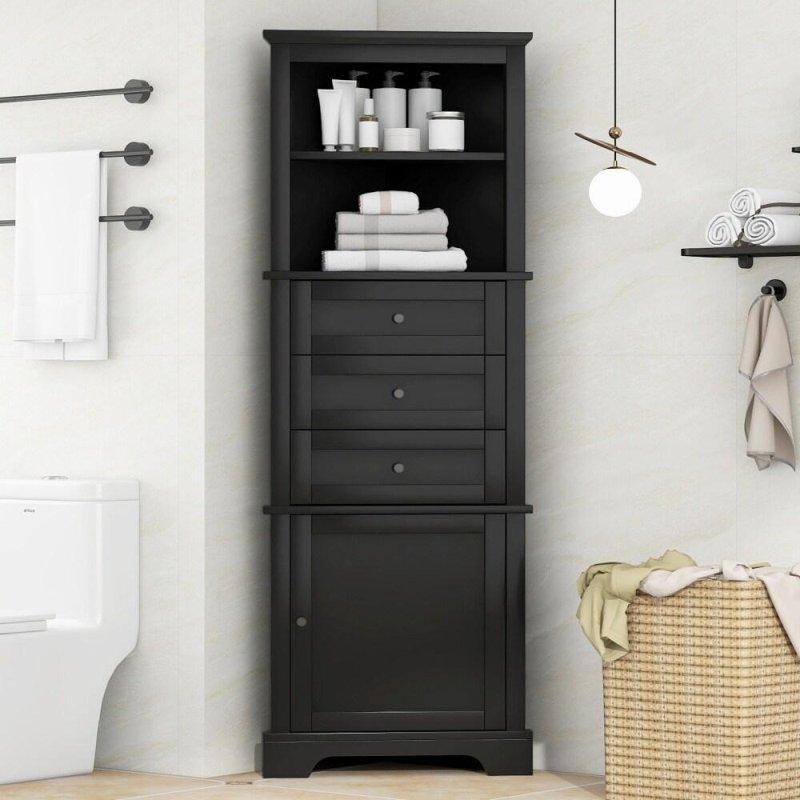 MDF Köşe Tipi 3 Çekmeceli Ayarlanabilir Raflı Çok Amaçlı Banyo Dolabı - 176 cm - 333923