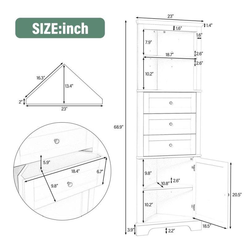 MDF Köşe Tipi 3 Çekmeceli Ayarlanabilir Raflı Çok Amaçlı Banyo Dolabı - 176 cm - 333923