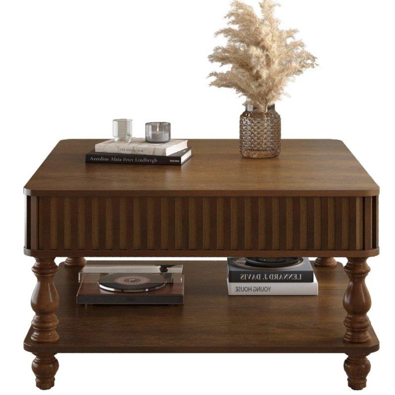 MDF ve Masif Ahşap Yivli Asansörlü Gizli Bölmeli Akıllı Sehpa - 81x81 cm - 254276