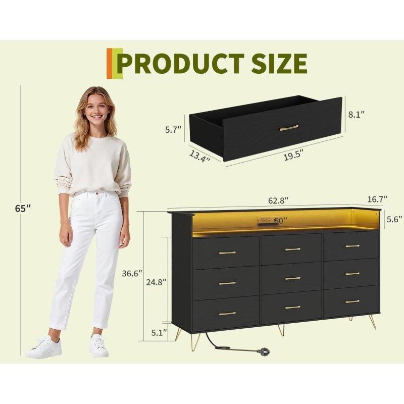 MDF ve Meşe Yivli LED Işıklı ve Şarj İstasyonlu 9 Çekmeceli Şifonyer - 300799