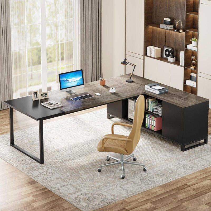 MDF ve Metal L Tipi Dosya Dolaplı Yönetici Ofis Masası - 181 cm - 327146