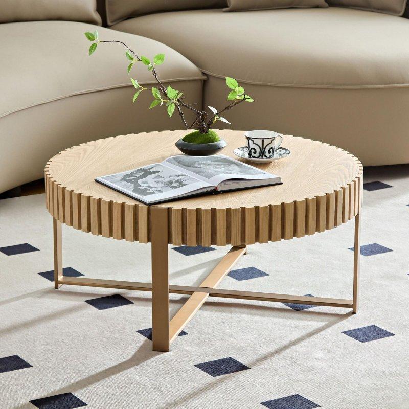 MDF ve Paslanmaz Çelik Kaide Ayaklı Tambur Tasarım Yuvarlak Orta Sehpa - 81 cm - 241061