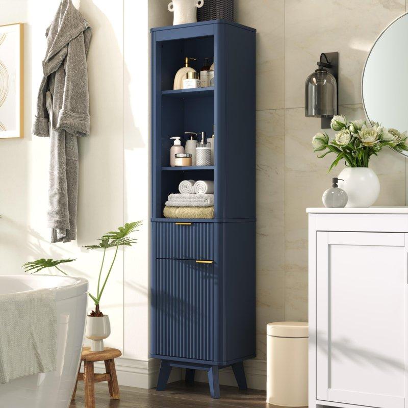 MDF Yivli Çekmeceli ve Ayarlanabilir Raflı Çok Amaçlı Banyo Dolabı - 41x30x173 cm - 334179