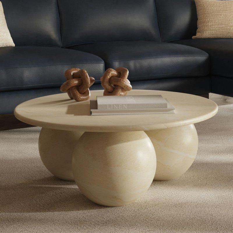 Mermer Desenli Beton Üç Bilye Ayaklı Yuvarlak Orta Sehpa - 87x37 cm - 243061