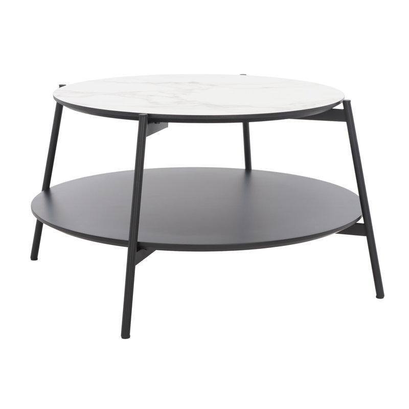 Mermer Desenli Endüstriyel Ahşap Raflı Siyah Demir Ayaklı Yuvarlak Orta Sehpa - 60 cm - 244770